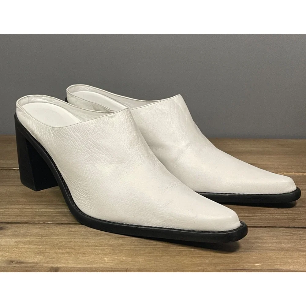BY FAR Women's Block Heel Mule Clog Size 39 White Nappa Leather Pointed Toe - Picture 2 of 16